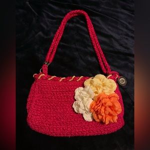 The Sak Crochet Satchel Purse/Shoulder Bag, Pink, with Detachable Flowers Charm